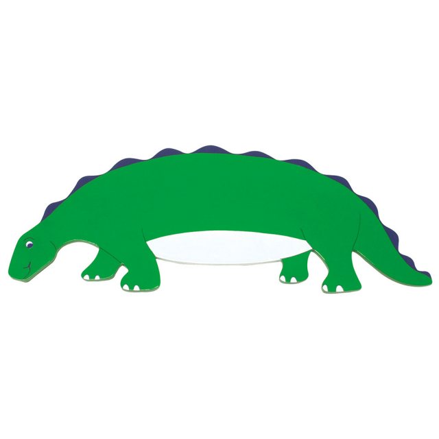 A flat wooden name board plaque in green stegosaurus dinosaur design.