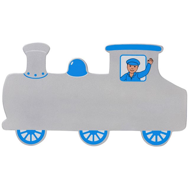 A small, flat wooden name board plaque in silver train design with blue details and driver