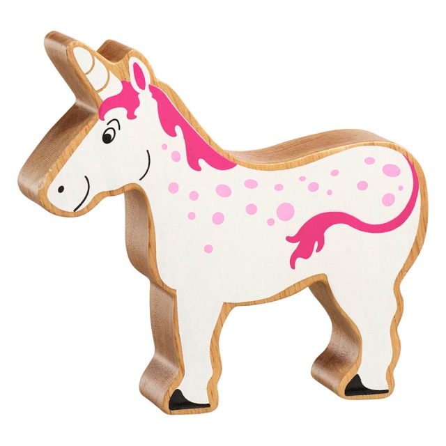 A chunky wooden pink and white unicorn toy figure with a natural wood edge