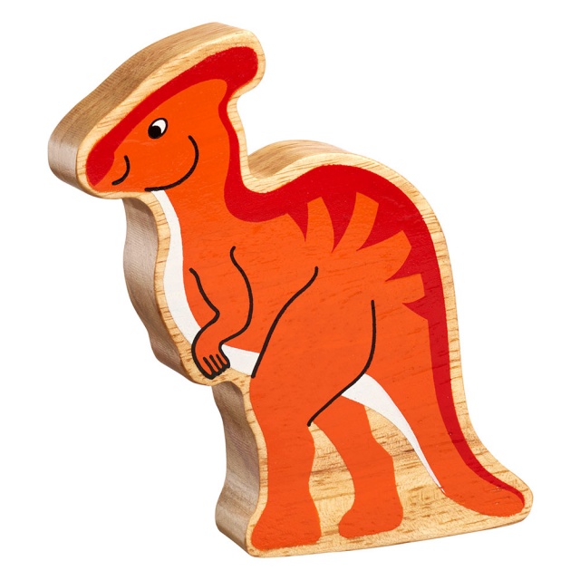 A chunky wooden orange parasaurolophus dinosaur toy figure in profile with a natural wood edge
