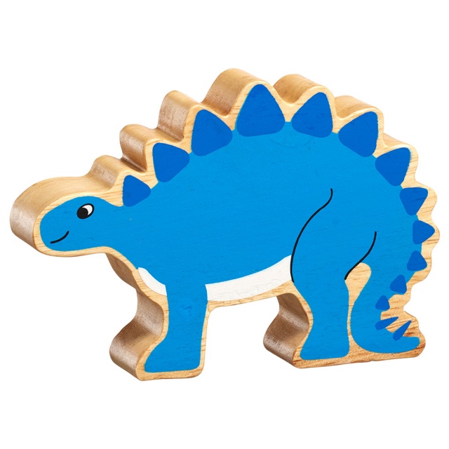 A chunky wooden blue stegosaurus dinosaur toy figure with a natural wood edge