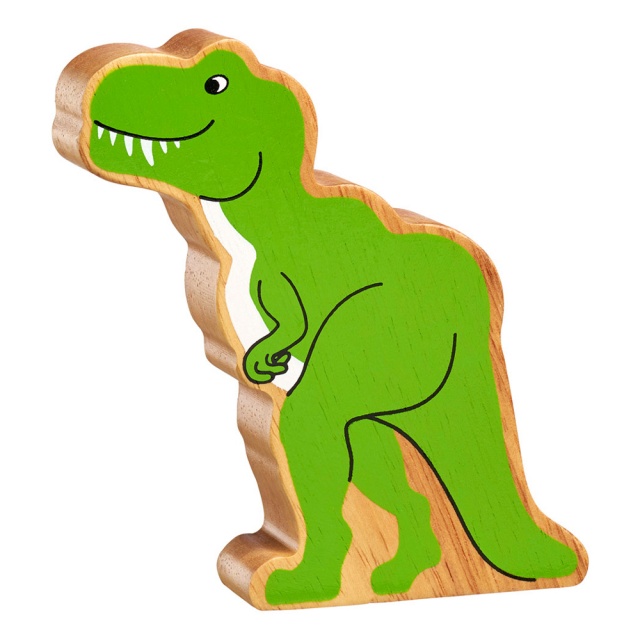 A chunky wooden green t rex dinosaur toy figure with a natural wood edge