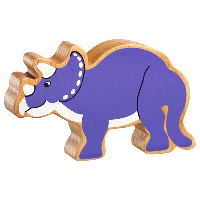 A chunky wooden purple triceratops dinosaur toy figure with a natural wood edge