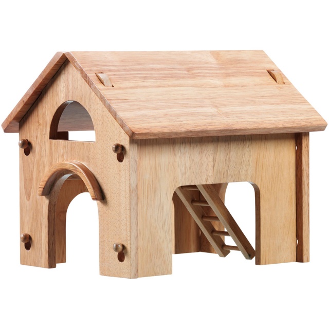 Natural wood two storey toy barn house side view