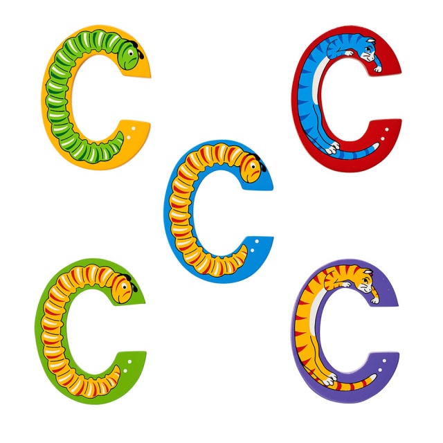 Wooden letter C with Caterpillar and Cat designs on blue, green, yellow, purple, red backgrounds.