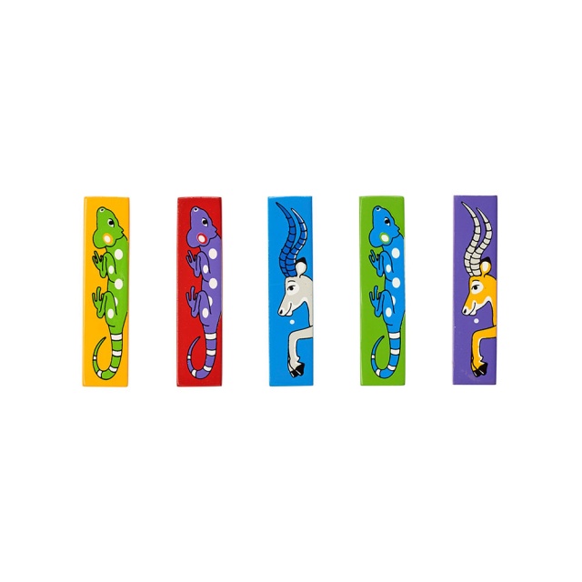 Wooden letter I with Impala and Iguana designs on blue, green, yellow, red and purple backgrounds.