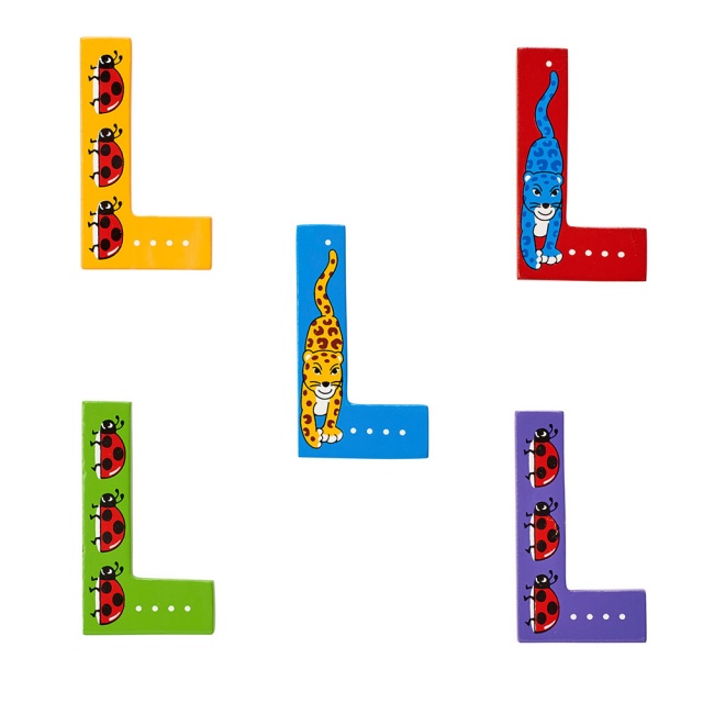 Wooden letter L with Ladybird and Leopard designs on blue, green, yellow, red, purple backgrounds.