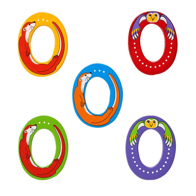 Wooden letter O with Otter and Owl designs on blue, green, yellow, red and purple backgrounds.