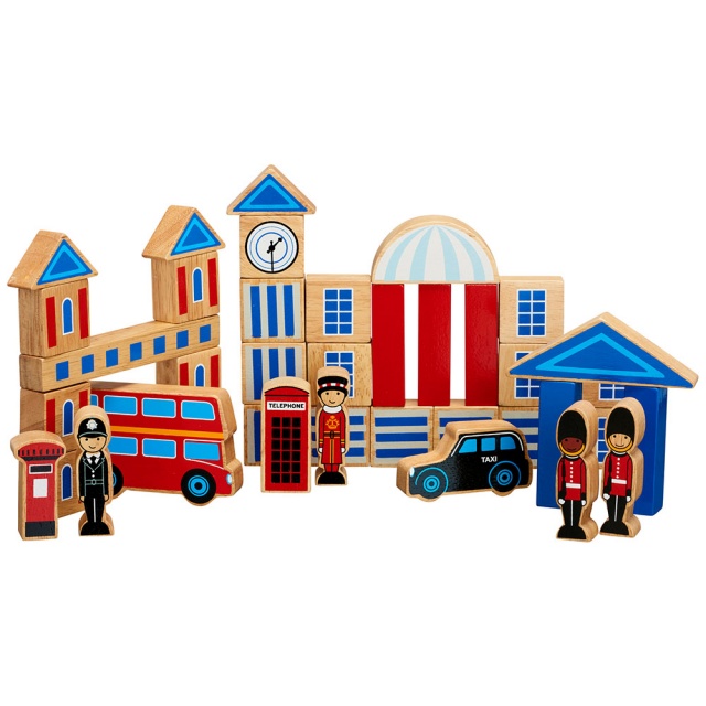 Set of 40 multicoloured wooden building blocks, characters and vehilces depicting London city scape