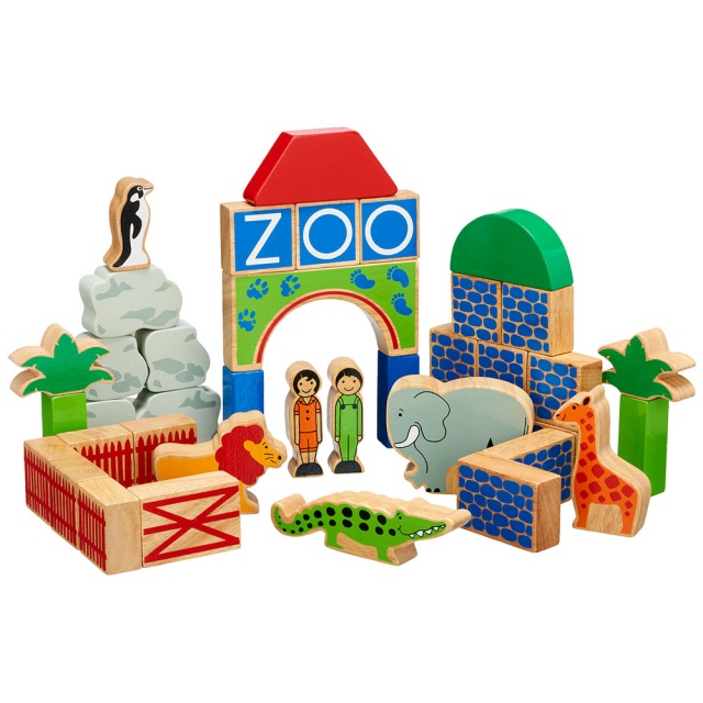 Set of 40 multicoloured wooden building blocks, animals and characters depicting a Zoo