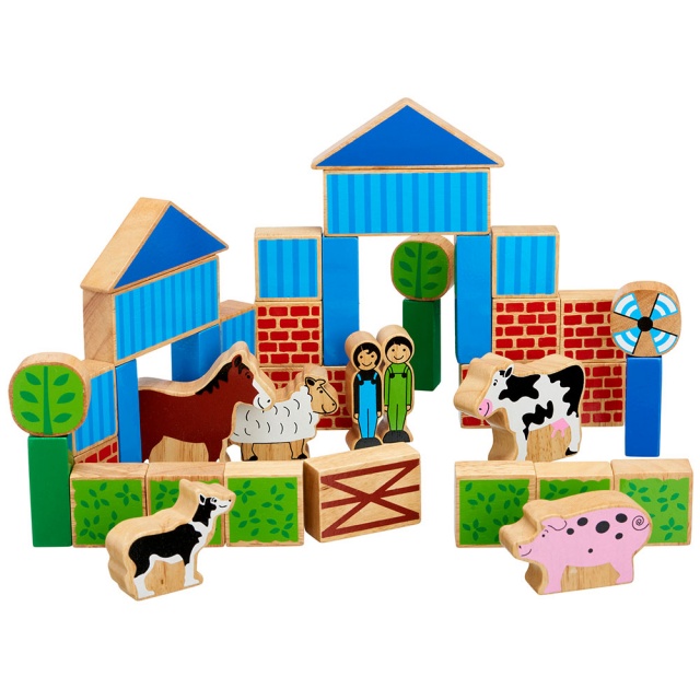 Set of 40 multicoloured wooden building blocks, animals and characters depicting a Farm