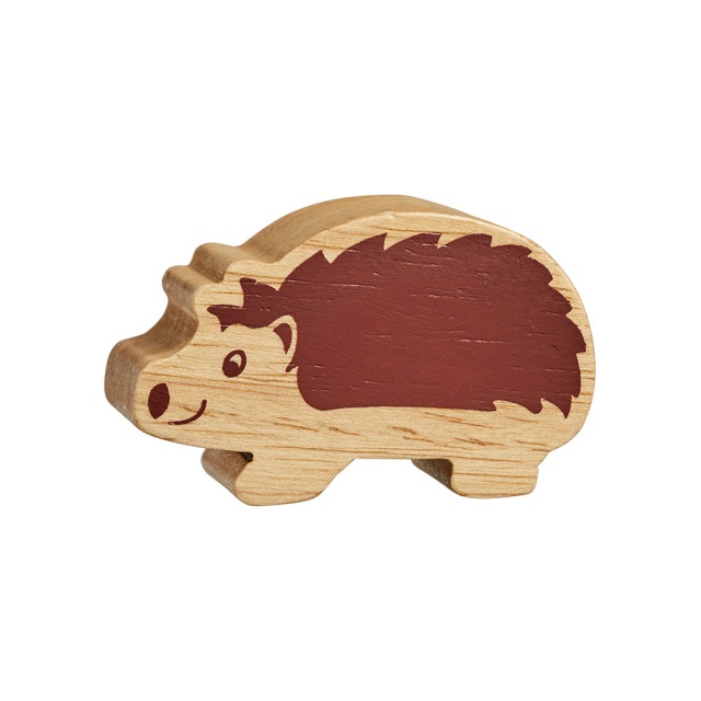 A chunky wooden hedgehog toy figure in profile, plain with wood grain