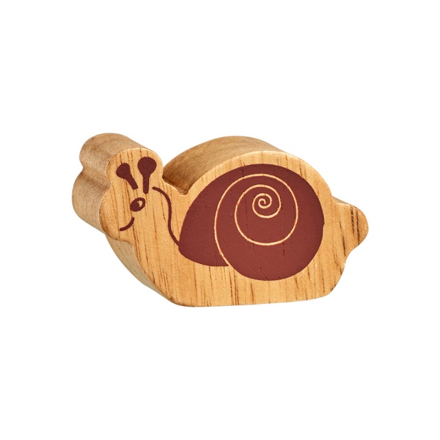 A chunky wooden snail toy figure in profile, plain with wood grain