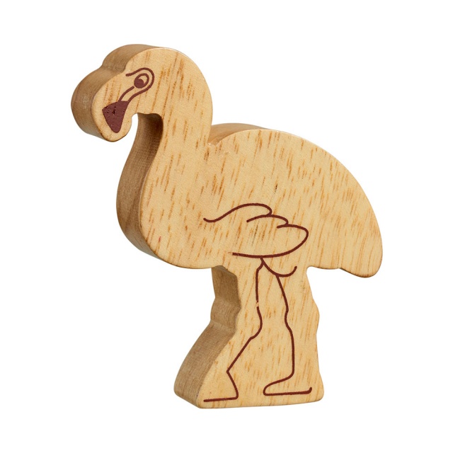 A chunky wooden flamingo toy figure in profile, plain natural wood with brown details