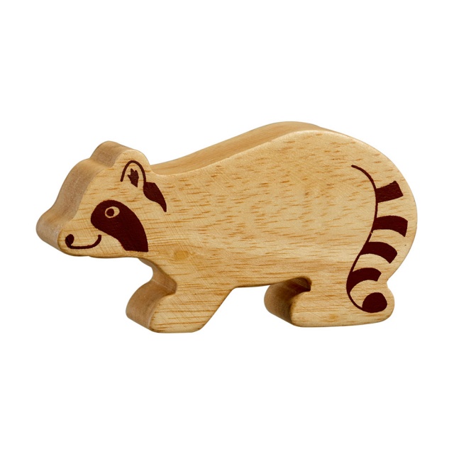 A chunky wooden raccoon toy figure in profile, plain natural wood with brown details