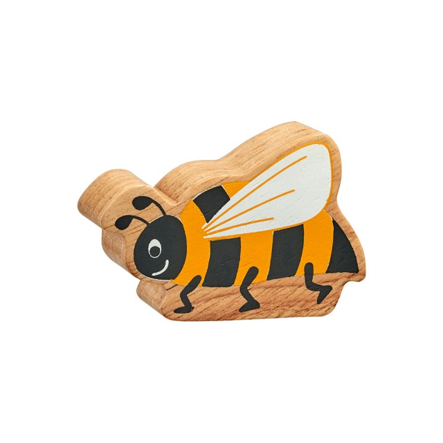 A chunky wooden black and yellow bee toy figure with a natural wood edge