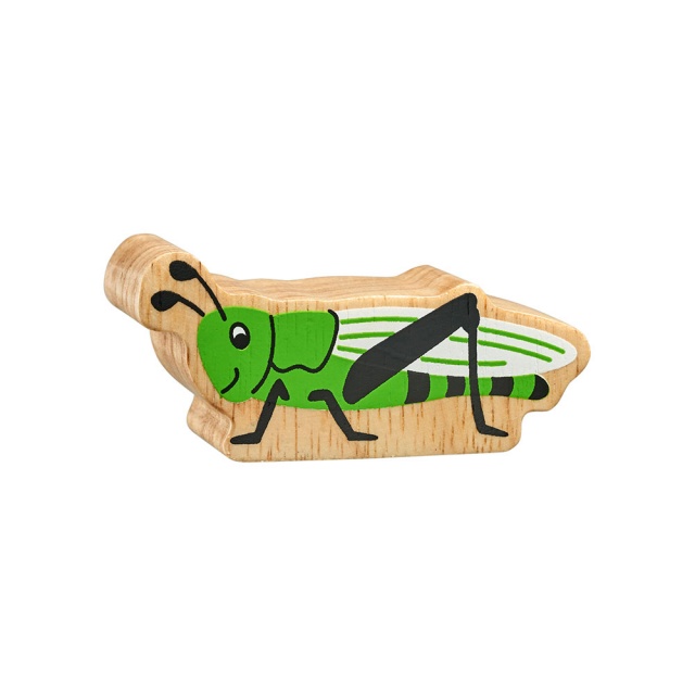 A chunky wooden green grasshopper toy figure with a natural wood edge