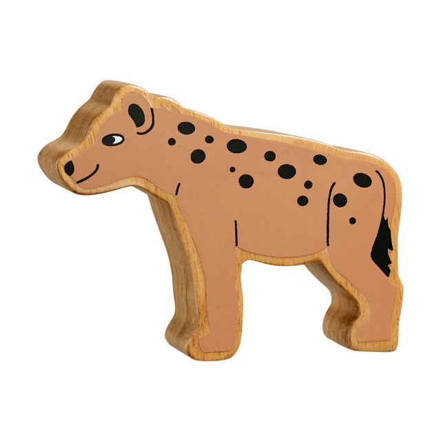 A chunky wooden brown hyena toy figure with a natural wood edge
