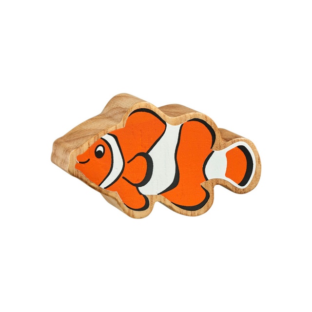 A chunky wooden orange and white toy figure with a natural wood edge