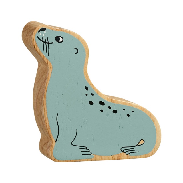 A chunky wooden grey sea lion toy figure with a natural wood edge