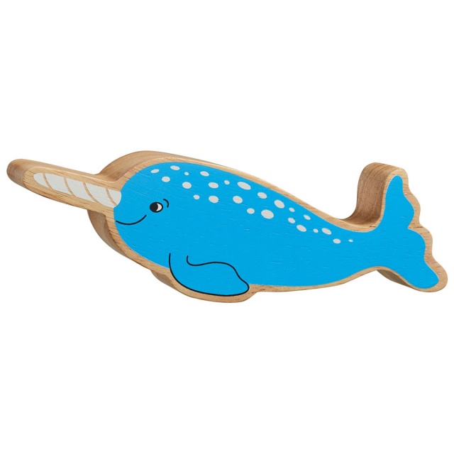 A chunky wooden blue narwhal toy figure with a natural wood edge