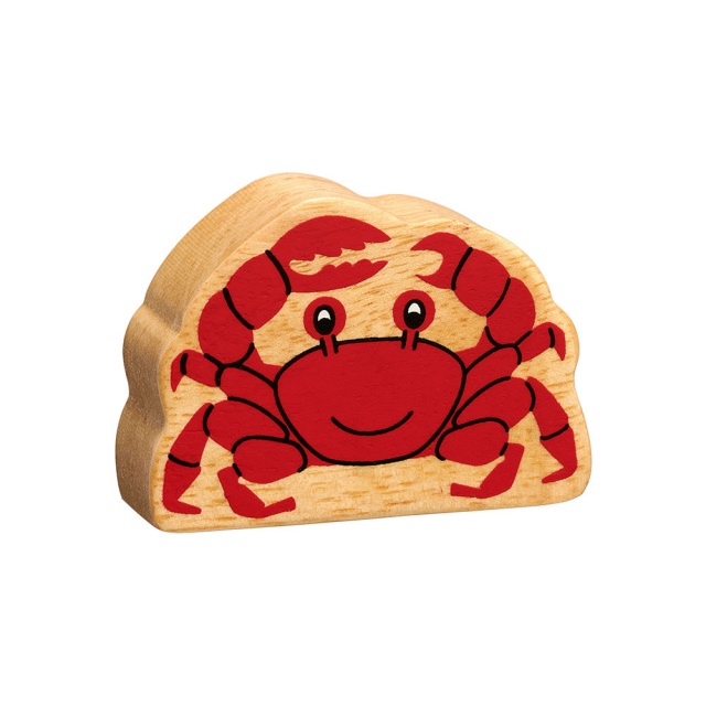 A chunky wooden red crab toy figure with a natural wood edge