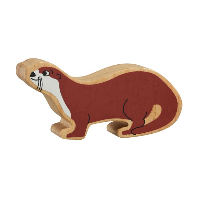 A chunky wooden brown otter toy figure with a natural wood edge