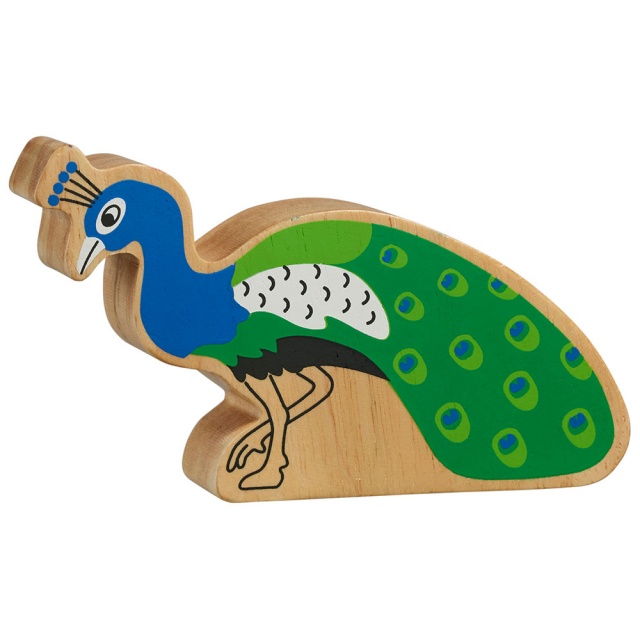 A chunky wooden blue and green peacock toy figure with a natural wood edge