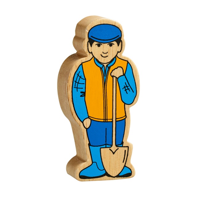 A chunky wooden blue and yellow farm man toy figure with a natural wood edge