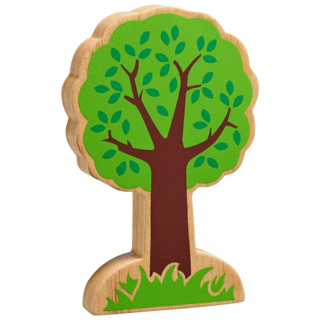 Chunky natural wood green tree toy for small world play with green leaf detailing