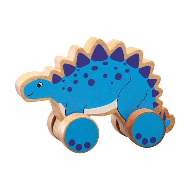 Chunky natural wood blue stegosaurus on wheels push along