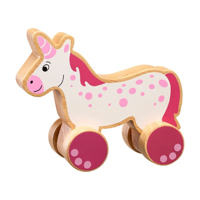 Chunky natural wood white and pink unicorn on wheels push along