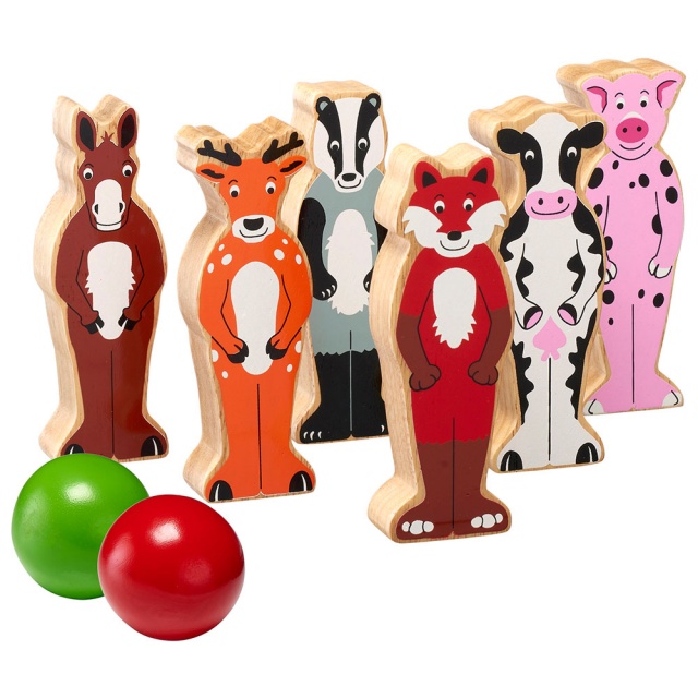 Set of six multicoloured countryside animal skittles with two balls