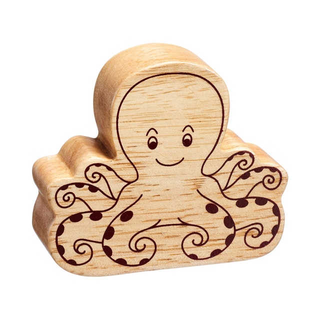 A chunky wooden octopus toy figure in profile, plain with wood grain