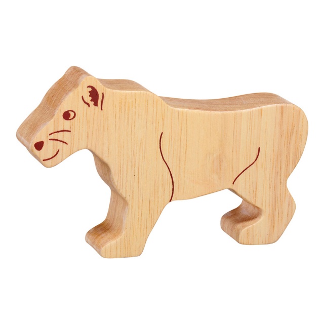 A chunky wooden lioness toy figure in profile, plain with wood grain