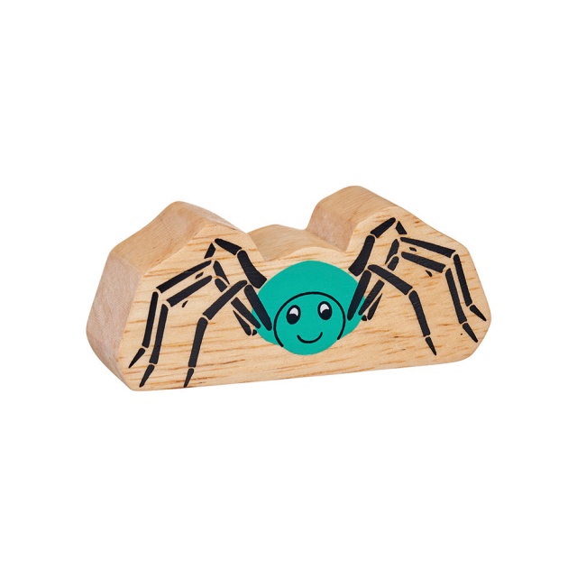A chunky natural wood spider figure in profile with a natural wood edge