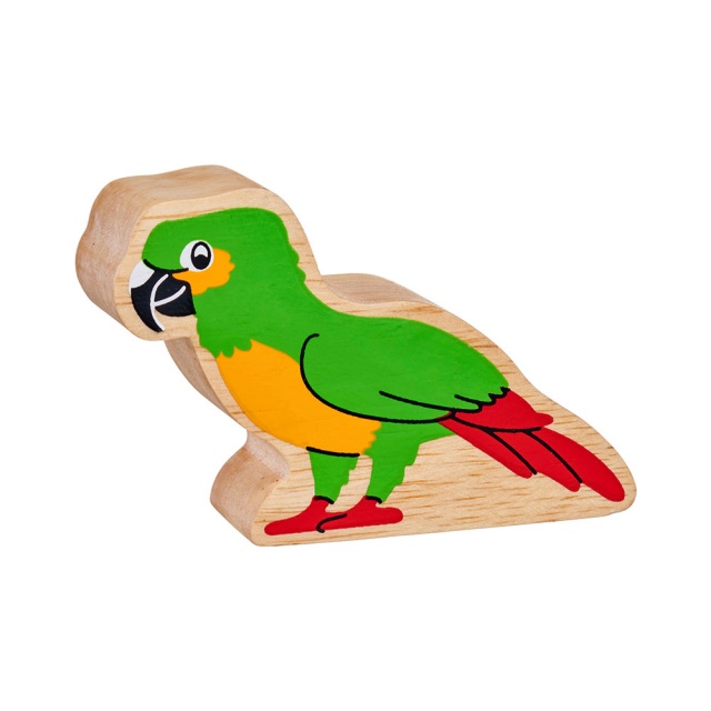 A chunky natural wood parrot figure in profile with a natural wood edge