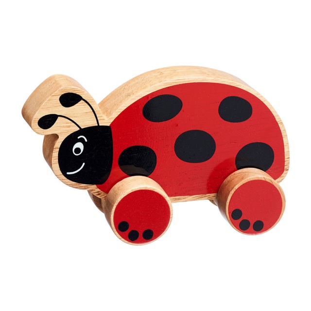 Chunky natural wood red and black ladybird on wheels push along