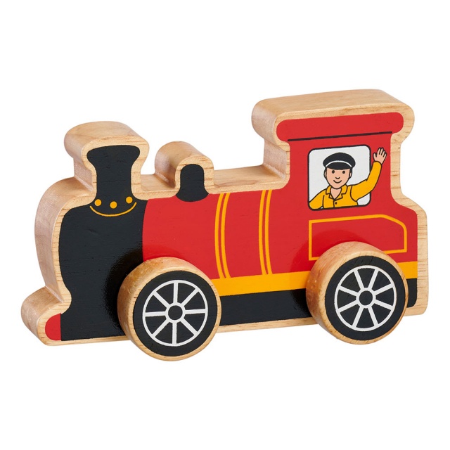 Chunky, wooden red train with painted driver and natural wood