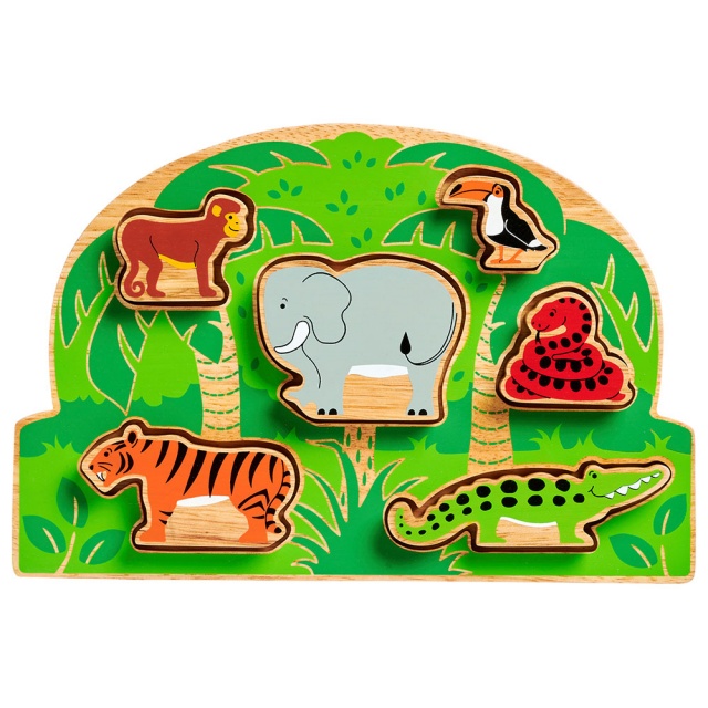 Wooden toy jungle shape sorter tray with six removable colourful animals