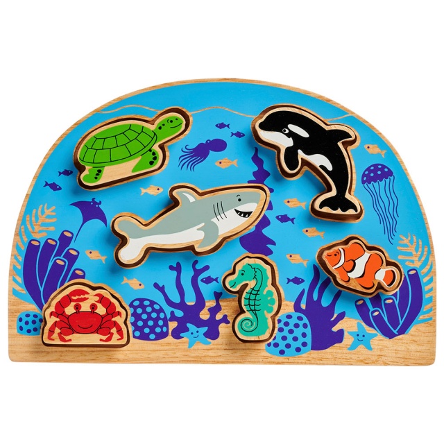 Childrens wooden toy sealife themed shape sorter tray with six removable colourful sealife creatures