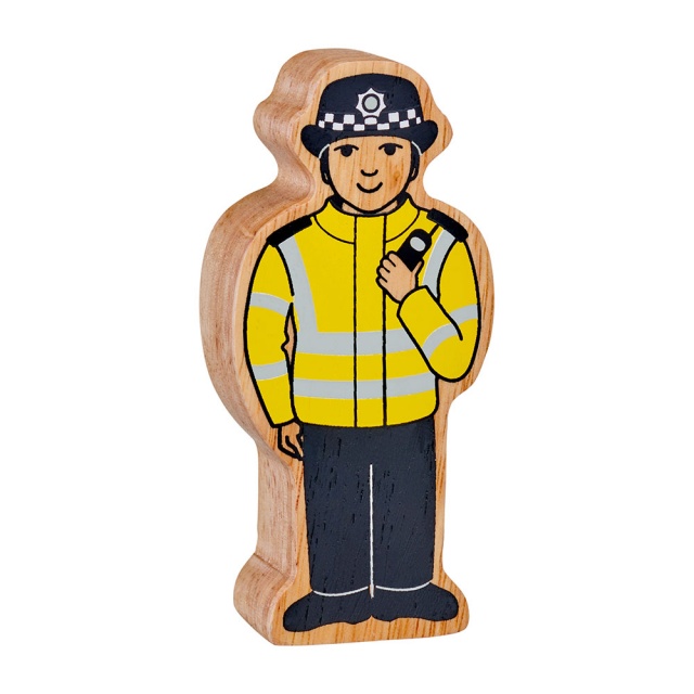 A chunky wooden yellow and black policewoman toy figure with a natural wood edge