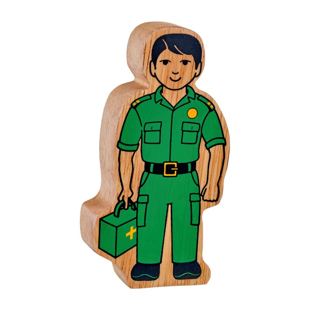 A chunky wooden green paramedic toy figure with a natural wood edge