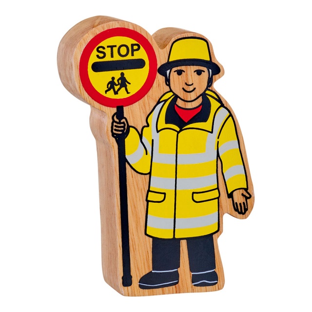 A chunky wooden yellow and black lollipop person toy figure with a natural wood edge