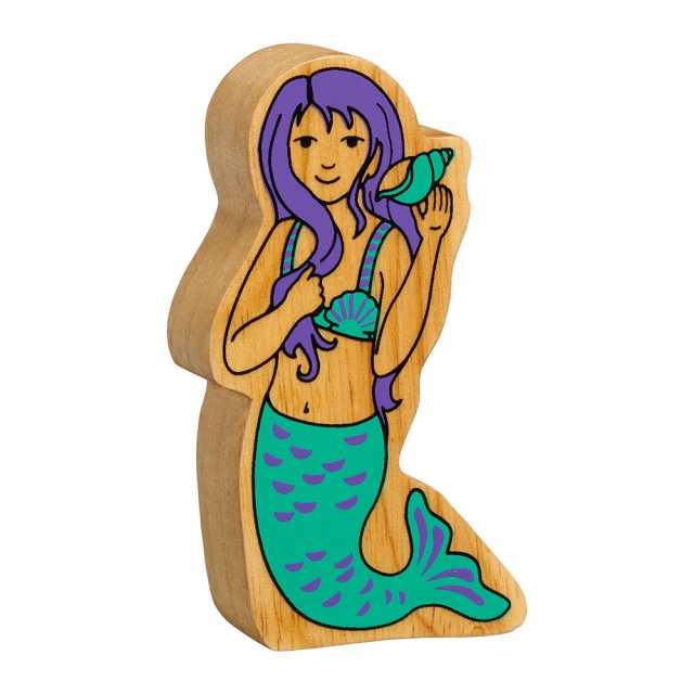 A chunky wooden green and purple toy mermaid figure in profile with a natural wood edge