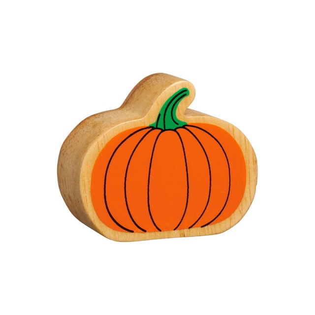 A chunky wooden orange toy pumpkin figure in profile with a natural wood edge