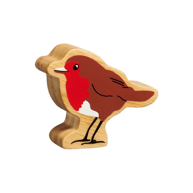 A chunky wooden robin toy figure in profile with a natural wood edge
