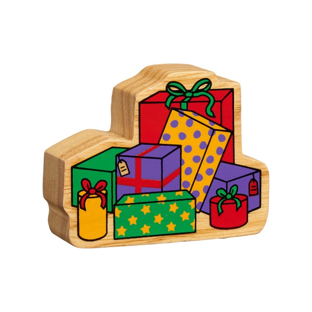 A chunky wooden stack of presents figure in profile with a natural wood edge