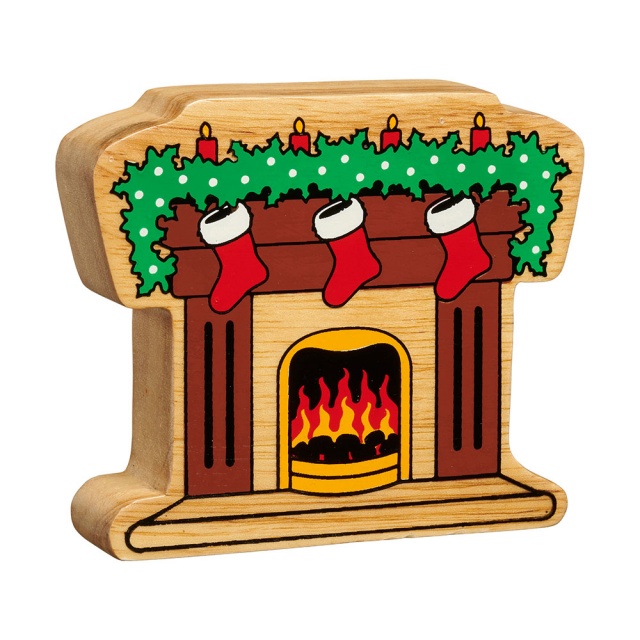 A chunky wooden fireplace with stockings figure in profile with a natural wood edge