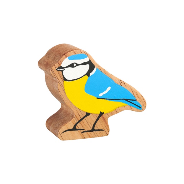 A chunky wooden blue tit toy figure in profile with a natural wood edge